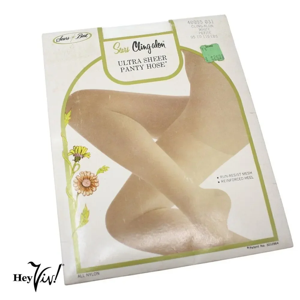 Vintage White Nylon Pantyhose Stockings Sears Cling-Alon Reinforced Heel Petite